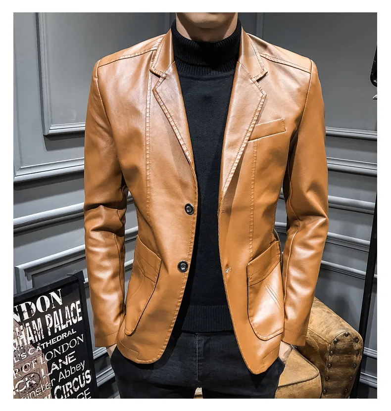 Мужские кожаные пальто на осень-зиму в Корейском стиле тенденция Slim Fit кожаная куртка Красивый раскладная кровать с отложным воротником Топы Мужская Co
