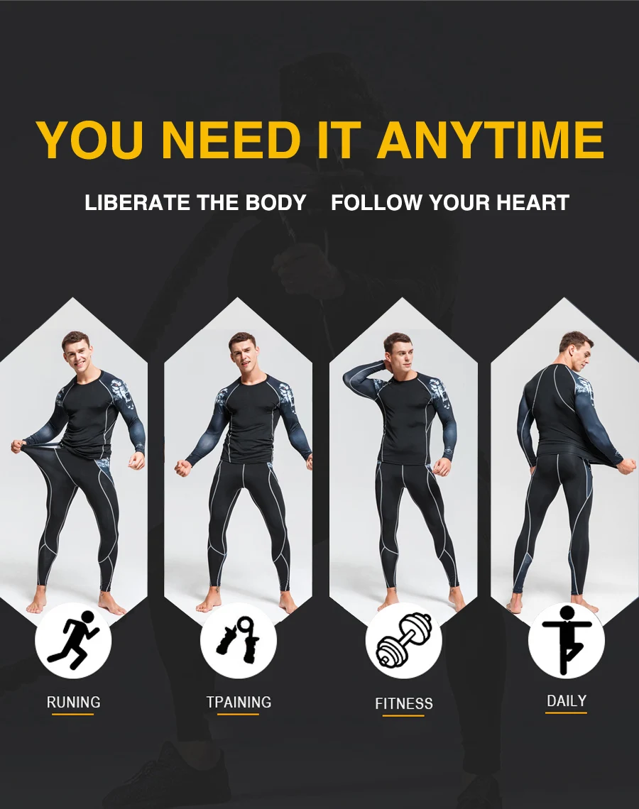 Fitness Training Clothes 3D Skull Thermal Underwear Compression Men's Suit Sports Running Clothes Warm Base Layer 3XL 4