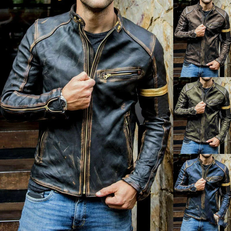 Men Motorcycle Jacket Leather Jacket Retro Casual Youth Stand-up Collar Punk Male Motorcycle Leather Jacket Artificial Leather leather field jacket