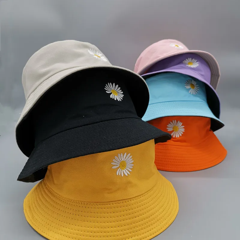 Double-side Unisex Harajuku Bucket Hat Fishing Outdoor Cap women Bucket fishing Hats Sunscreen Daisy embroidery fisherman hat