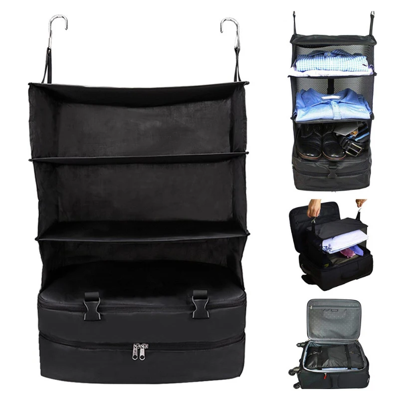 

Durable Hanging Travel Packable Shelves 3 Layers Luggage System Organizer Shelf Suitcase Organizer P666