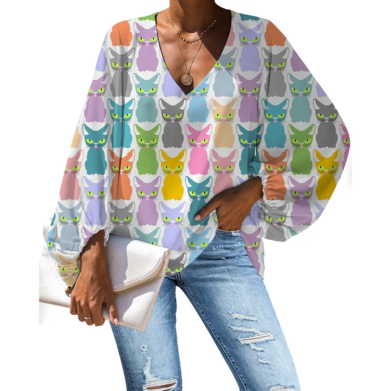 NOISYDESIGNS Women Summer Long-sleeve Blouses V-neck Sexy Cats Animals Printing Ladies Tops Plus Size Loose Shirts Mujer Ropa | Женская