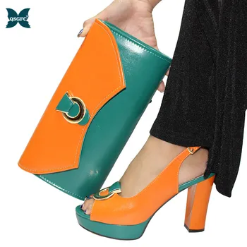 

2020 New Arrival Orange and Green Colorful African Shoe and Bags Women Italian design Nigerian Women Party Shoes and Bag Set