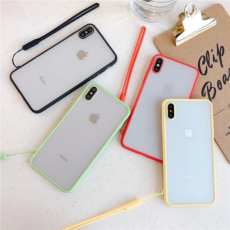 

Candy Color Matte Couple Shockproof Phone Case For iphone XR XS X XS Max 7 8 6 6S Plus Back Cover With Wrist Strap Lanyard