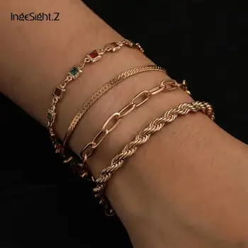 

IngeSight.Z 4Pcs/Set Charm Rainbow Rhinestone Crystal Bracelets Bangle for Women Punk Metal Twisted Rope Chain Bracelet Jewelry