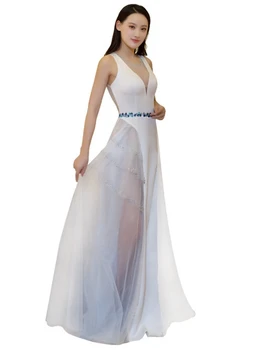 

Evening dress skirt new banquet noble elegant white sexy deep V-neck long ladies annual meeting host car model stage costume