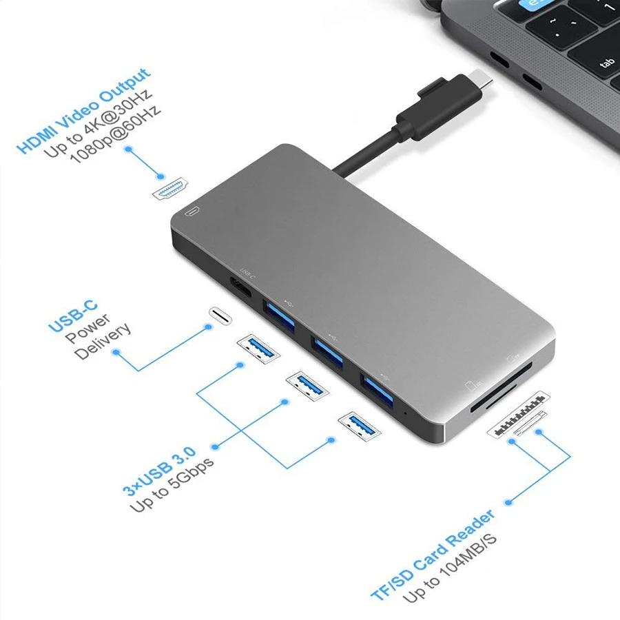 7 в 1 USB-c концентратор к порту type-c 3* USB 3,0 складной адаптер для Lightning до 4K HDMI мульти порт с высокоскоростным SD/TF кардридер
