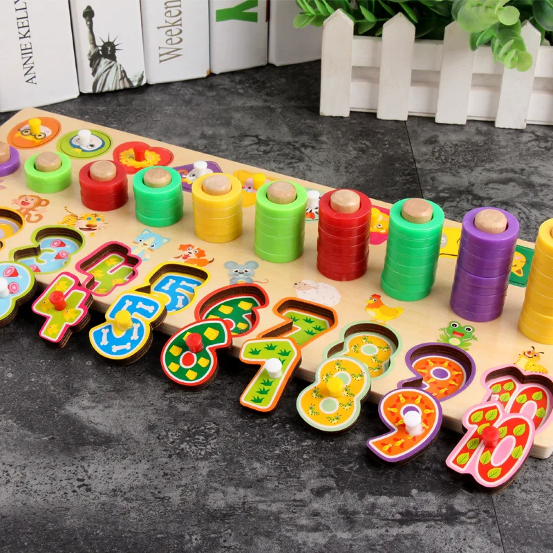 

Baby CHILDREN'S Teaching Aids Math Learning Board Rainbow Ring Three-in-One Shape with Numbers Board Children Wooden Educational