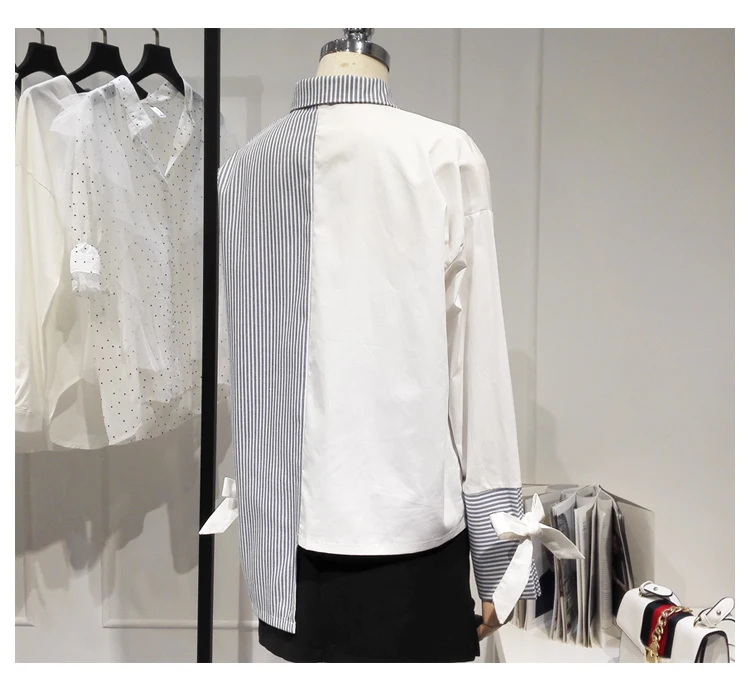 Designer Special Shirt Striped Color Block Blouse Long Sleeve Top Women Shirt Irregular Length Tie Chemise Femme Blusa Mujer