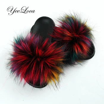 

Fluffy Slippers For Boys Girls Raccoon Fur Slippers Shoes Kids Fox Fur Flip Flop Flat Furry Fur Slides Outdoor Sandals Children