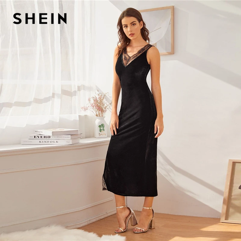 Черная кружевная ночная сорочка SHEIN с разрезом на Подоле и V образным вырезом