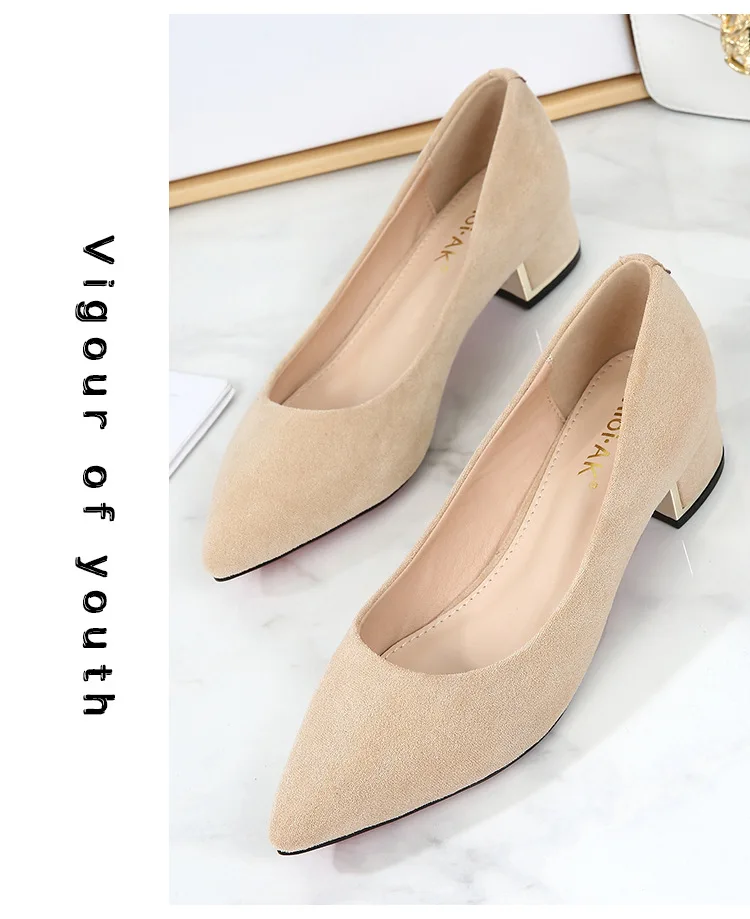 Big Size 34-43 Women Suede Leather Shoes 3.5CM High Heels Ladies Dress Work Shoes Slip On Pumps Woman Square Heels Wedding Shoes