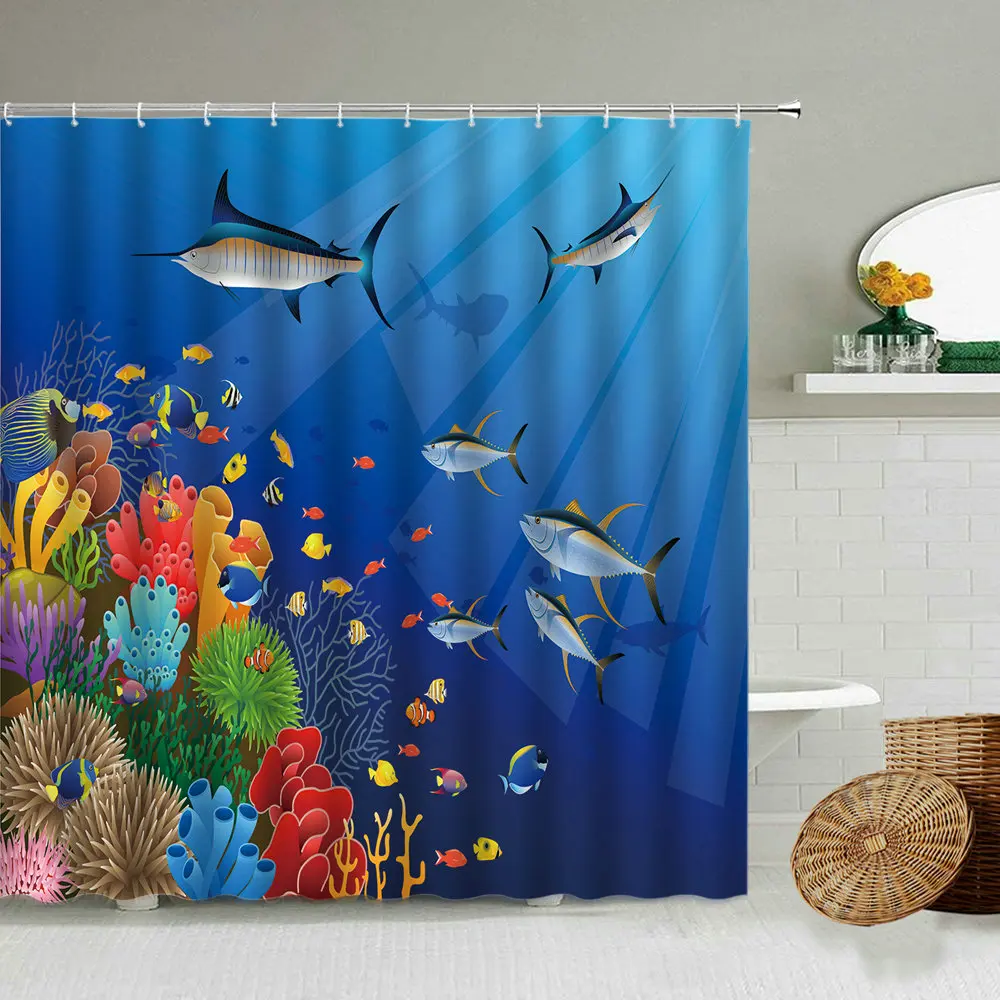 Cartoon Blue Tropical Ocean Shower Curtain Cute Dolphin Whale Coral Reef  Child Bathroom Accessories With Hook Waterproof Screen - AliExpress