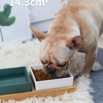 

Fashion Square Colorful Ceramic Dog Cat Pet Bowl Feeding Feeder Bamboo Tray High Capacity Large Diameter Water Bowl Supplies