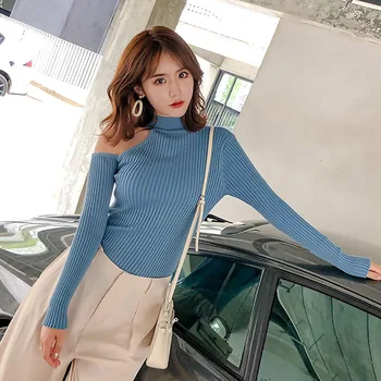 

Korean Style Solid Color Knitwear Autumn Winter Spring Sweaters Sexy Cut Hollow Off Shoulder Slim Jumper Fall Clothing MM