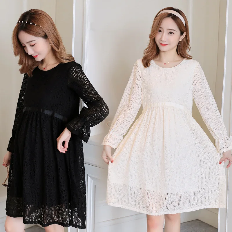 

Long Sleeve Lace Maternity Dresses For Pregnant Women Clothes Spring Bottoming Hollowed Casual Solid Elegant Pregnancy Dresses