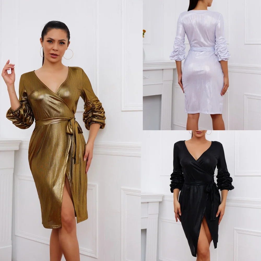 

Women's Holographic Half Puff Sleeve Sequin Elegant Wrap Split Bodycon Dress