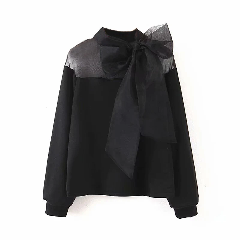 Женская элегантная Лоскутная Толстовка из органзы Модный черный пуловер с галстуком-бабочкой и воротником стильная толстовка с длинным рукавом повседневные топы - Цвет: Black