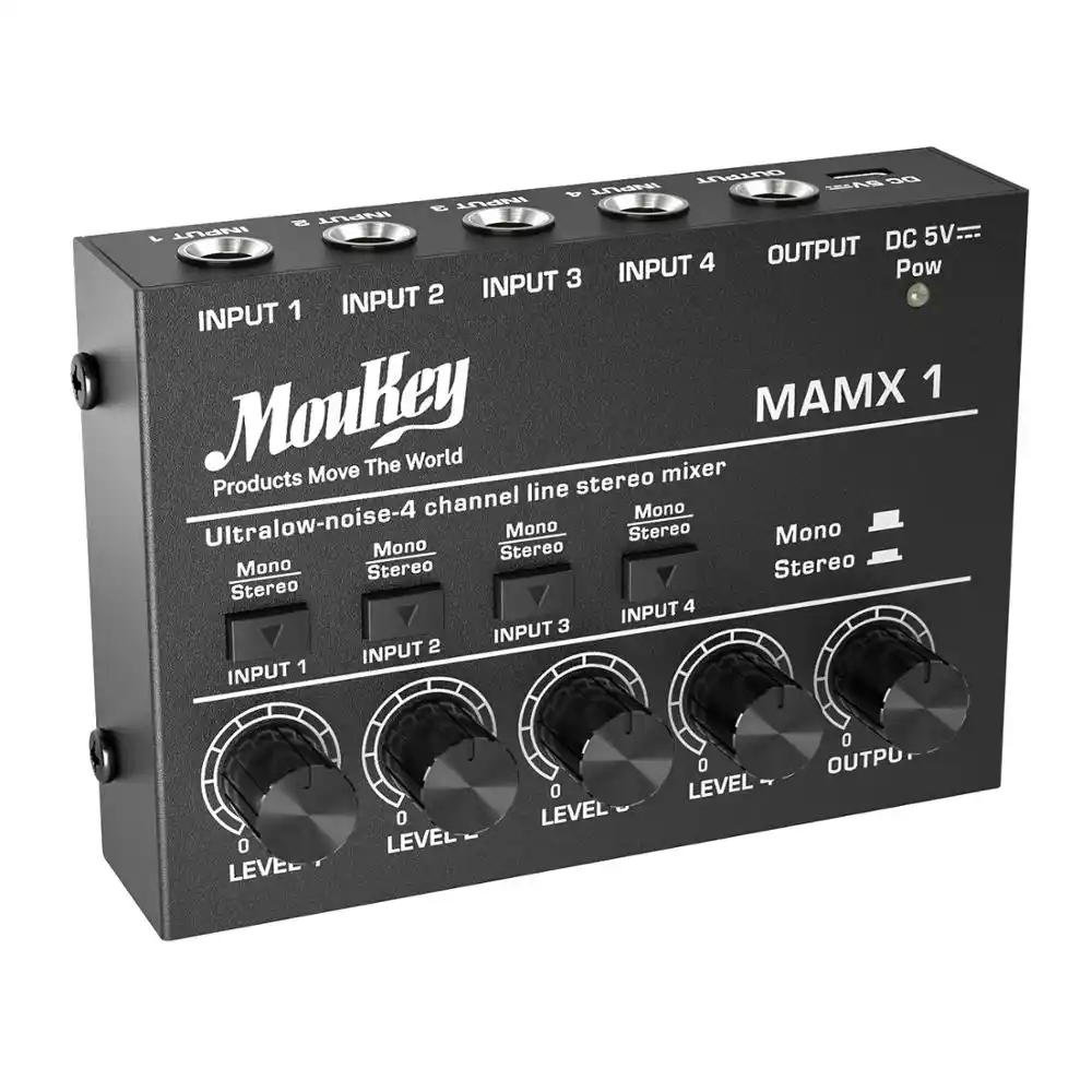 Moukey Audio Mixer Ultra-low-noise 4-channel Line 4 Stereo Mono Switch Mixer for Sub-mixing Mini Clubs as Mic Guitar Stage Mixer