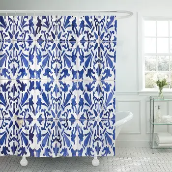 

Blue Vintage Traditional Ornate Portuguese Tiles Azulejos Colorful Ceramic Shower Curtain Waterproof Fabric 60 x 72 Inches Set