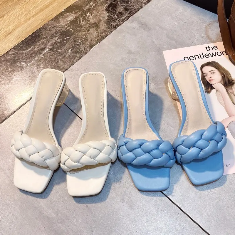 

2020 New Design Weave Women Slipper Ladies Thin High Heel Sandal Open Toe Slip On Summer Outdoor Slides Flip Flop ShoeS blue