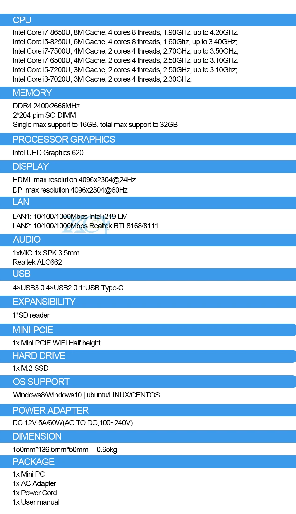 Мини-ПК Intel Core i5 8250U i7 8650U i3 7020U Windows 10 Linux 2* DDR4 M.2 SSD 8* USB HDMI DP type-C 2* LAN WiFi 4K HTPC компьютер