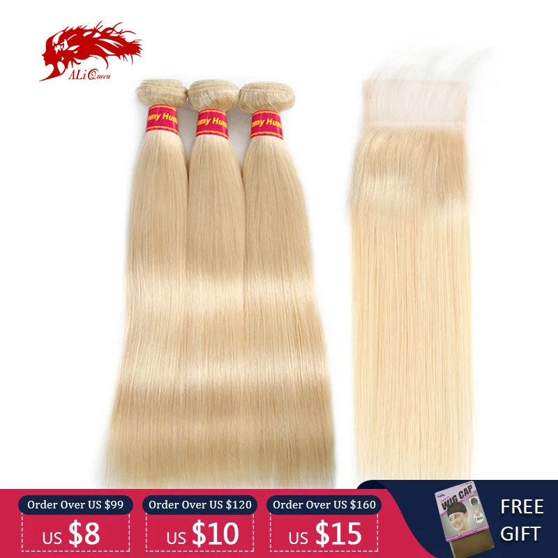 

Brazilian Straight Remy Hair 3 Bundles With Lace Closure 4x4 Free/Middle Part #613/#33/#30/#27/#99J/#Burg Ali Queen Hair