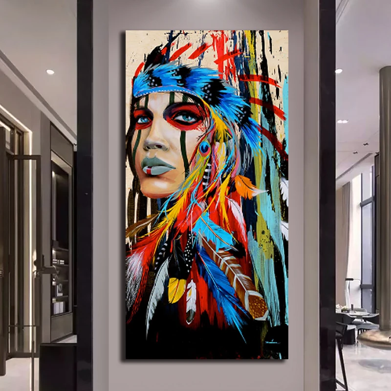 

OUCAG Colorful Native Girl Oil Painting Feathered Women Canvas Painting Wall Pictures Gift Artwork Decoration For Living Room