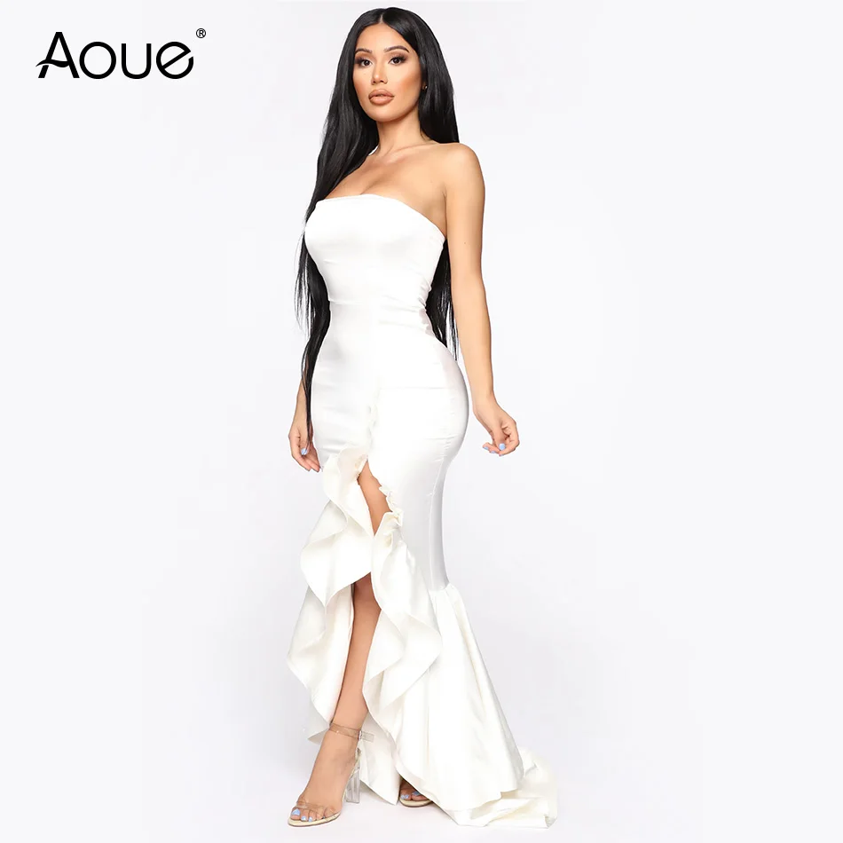 

Aoue Evening Prom Dresses Long 2019 Satin Maxi Dress Tube Ruffle Hem Slit Hidden Back Zipper Closure Full Lining