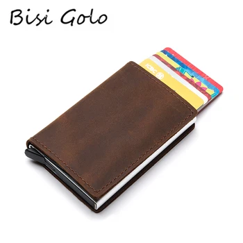 

BISI GORO 2020 Real Leather RFID Card Holder Genuine Leather Aluminum Box Slim Thin Smart New Card Case Clutch Pop-up Wallet