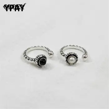

YPAY Vintage Black Agate/White Pearl Rings for Women Real 925 Sterling Silver Open Adjustable Bead Ring Fine Jewelry YMR259