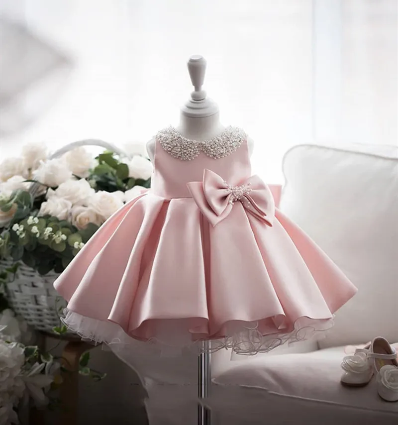 Satin Bead Bow Princess Dress White Wedding Tutu Dress Birthday Evening Party Dress Baby Dress for Girl Clothes 1 Year WG-003