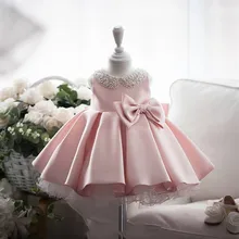 Satin Bead Bow Princess Dress White Wedding Tutu Dress Birthday Evening Party Dress Baby Dress for Girl Clothes 1 Year WG-003