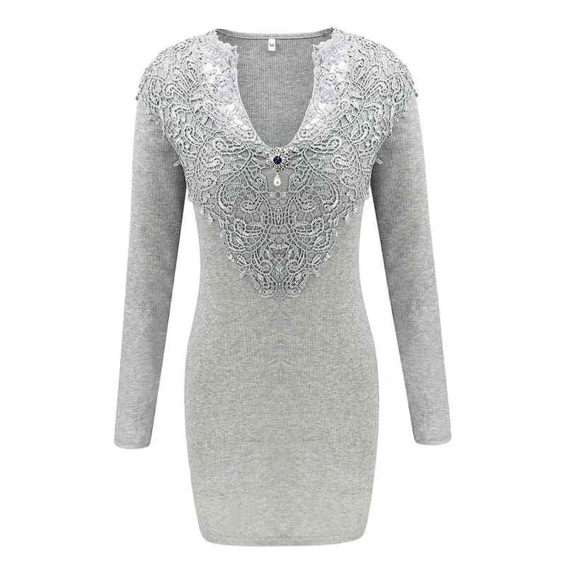 Women Lace Patchwork Dress Slim Sexy V-Neck Rib Mini Dress Elegant Bodycon Long Sleeve Autumn Winter Party Dress