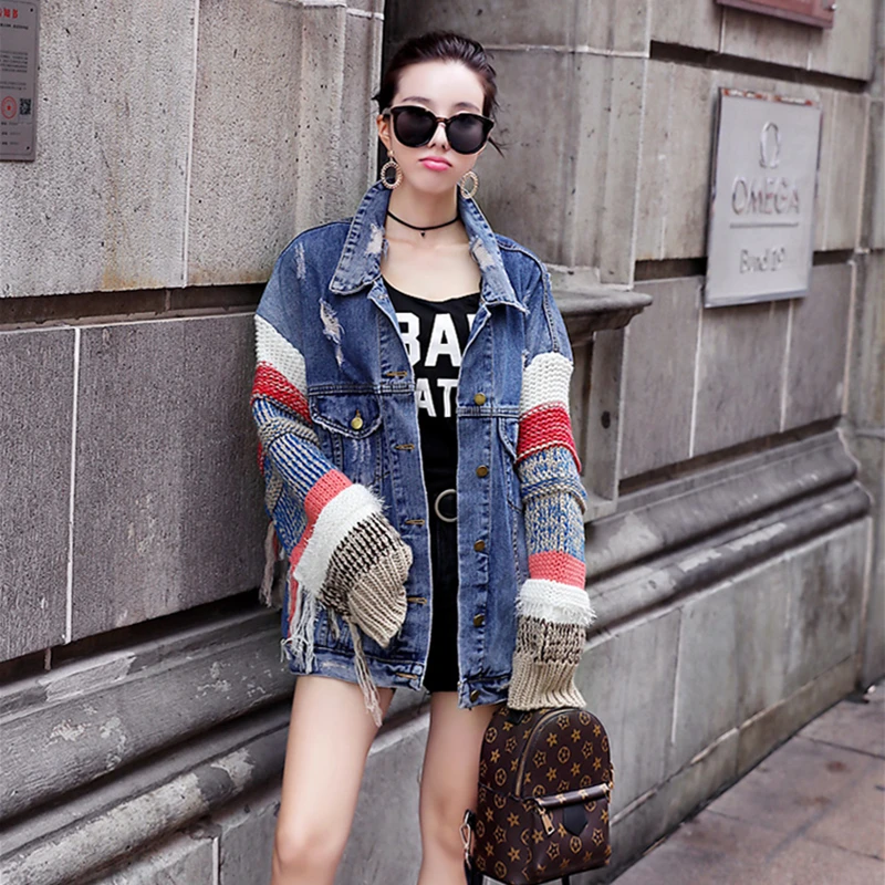 Autumn New Harajuku Denim Lapel Jacket Women Long Sleeve Knitting Stitching Tassel Black Denim Jackets Female Casual Streetwear