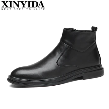 

Brand XINYIDA Pointed Toe Men Leather Boots Slip On Breathable Casual Men Boots Fashion Men Ankle Boots Size Chelsea Boots 38-44
