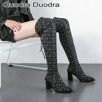 

Over-the-knee high boots Women 2019 new winter hoof heels Stretch boot close-fitting Warm Plush Slip-on Boots High heels Chunky