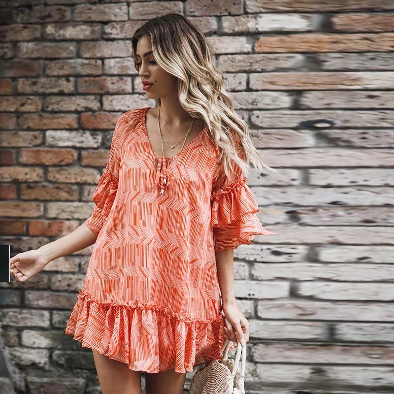 

Hot Sale 2019 Autumn New Women's Five-point Butterfly Sleeve Stitching Chiffon Natural A-line Above Knee, Mini Dress Vestidos