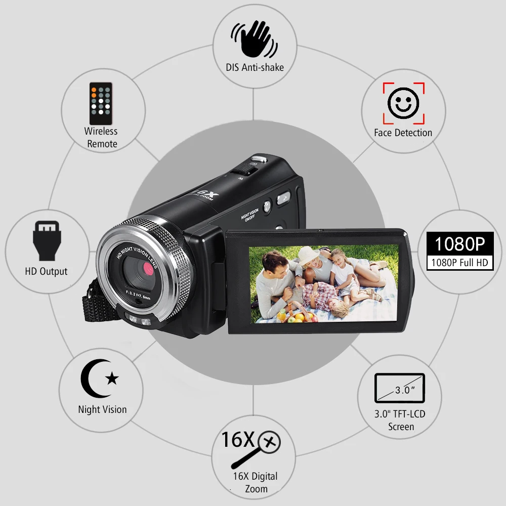 Andoer 1080P Full HD записывающая видеокамера профессиональная видеокамера 3," ЖК-экран Вращающийся ночное видение распознавание лица