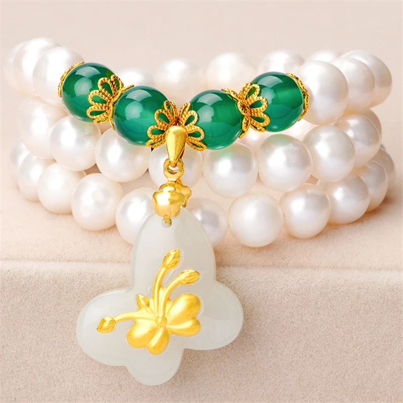 

HABITOO 999 Gold White Jade Butterfly Pendant Freshwater Pearl Necklace 18inches Jewelry for Women Charming Gifts Daily Wear