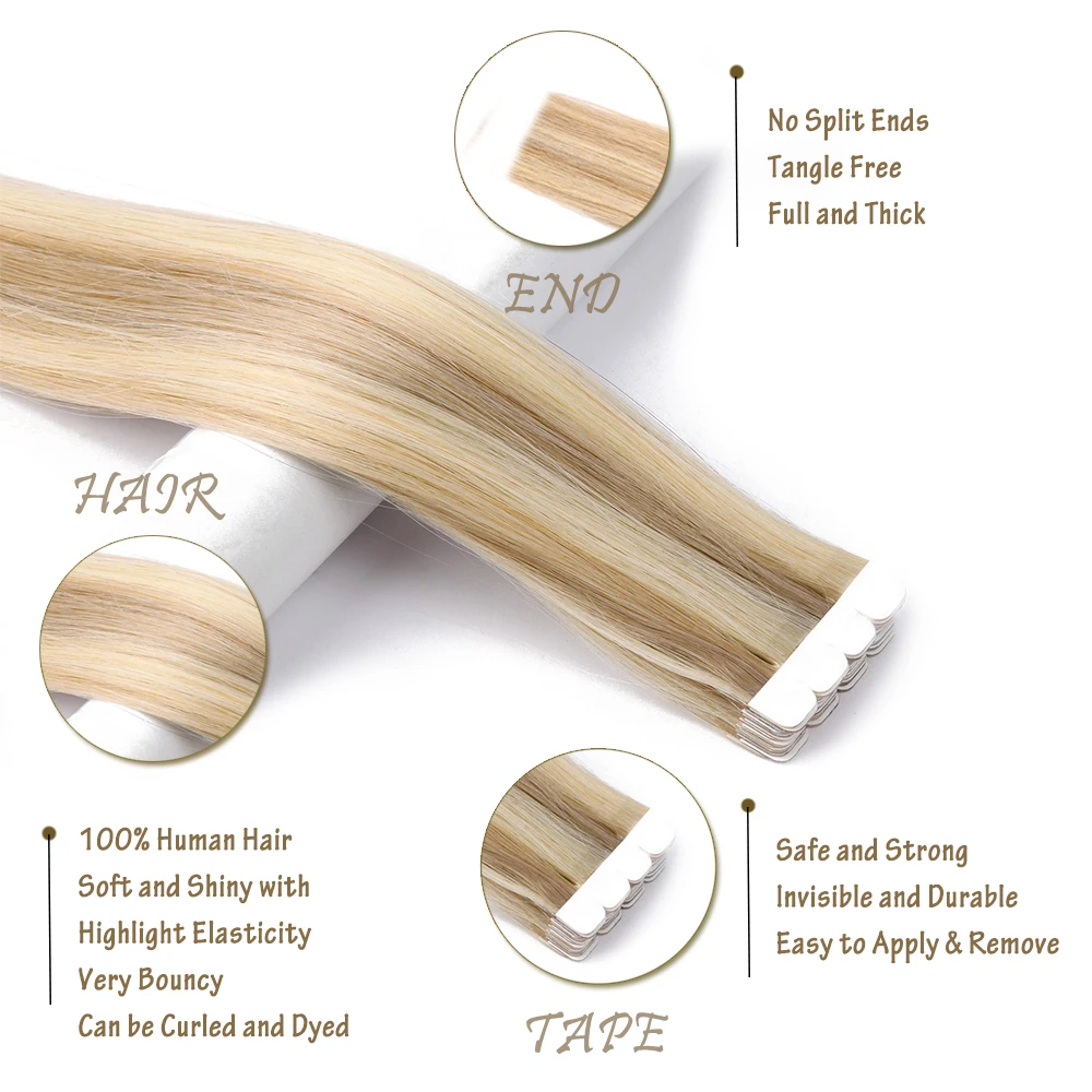 ZURIA Mini Tape In Hair Extensions Machine Remy Natural Hair Extensions Human Hair Straight 20 Inchs Seamless Adhesive Skin Weft