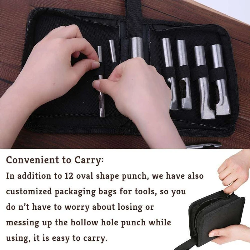 Imzay 12 PCS Leather Craft Hole Punch Set Oval Shape Hollow Belt Watch Banding Gasket Flat Hole Punch Tools