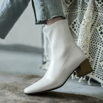 

Genuine Leather Elegant Women square Toe Ankle Boots Warm Female Chelsea Short Boots Office Party Basic Shoes Woman