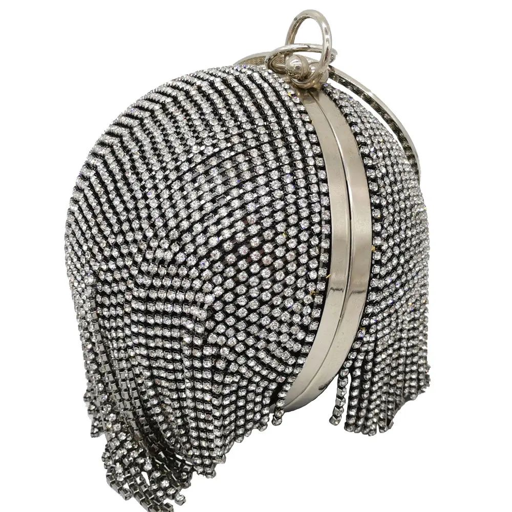 Boutique De FGG Round Tassel Crystal Clutch Purses For Women Black Evening Bags Wedding Party Dinner Bridal Diamond Handbags