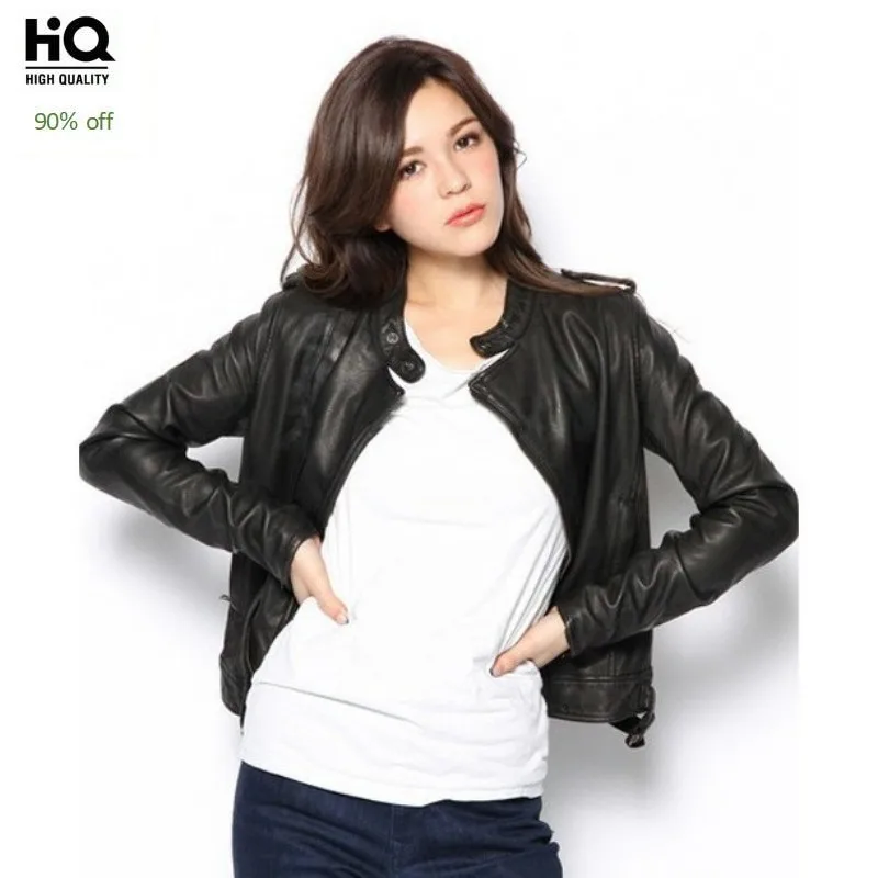 

Spring Autumn Women Short Sheepskin Real Leather Jacket Moto Biker Stand Collar Outwear Coat Rock Zipper Genuine Leather Jackets