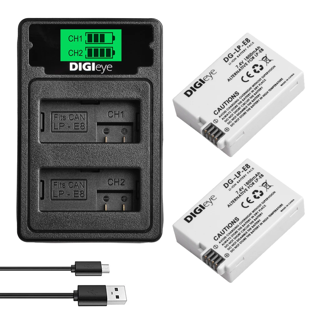LP-E8 LPE8 Battery + LCD Dual Charger With Type C Port for Canon Rebel T3i T2i T4i T5i EOS 600D 550D 650D 700D Kiss X5 X4 X6 | Электроника