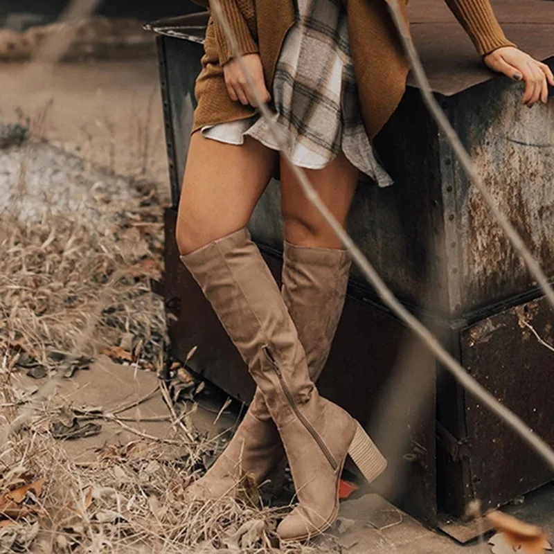Oeak/женские сапоги до колена пикантная женская обувь на высоком каблуке со шнуровкой зимние сапоги на шнуровке теплые модные ботинки; Размеры 35-43; коллекция года