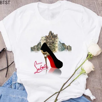 

Elegant High Heels Princess Girls Illustrations Vogue T Shirt Women Paris Perfume Flower Bag Summer Tops Hipster New T-shirt 90s