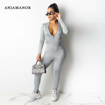 

ANJAMANOR Fashion Sports Zipper Hoodie Jumpsuit Women Long Sleeve Bodycon Romper Sexy One Piece Outfits Fall Winter D52-AE08