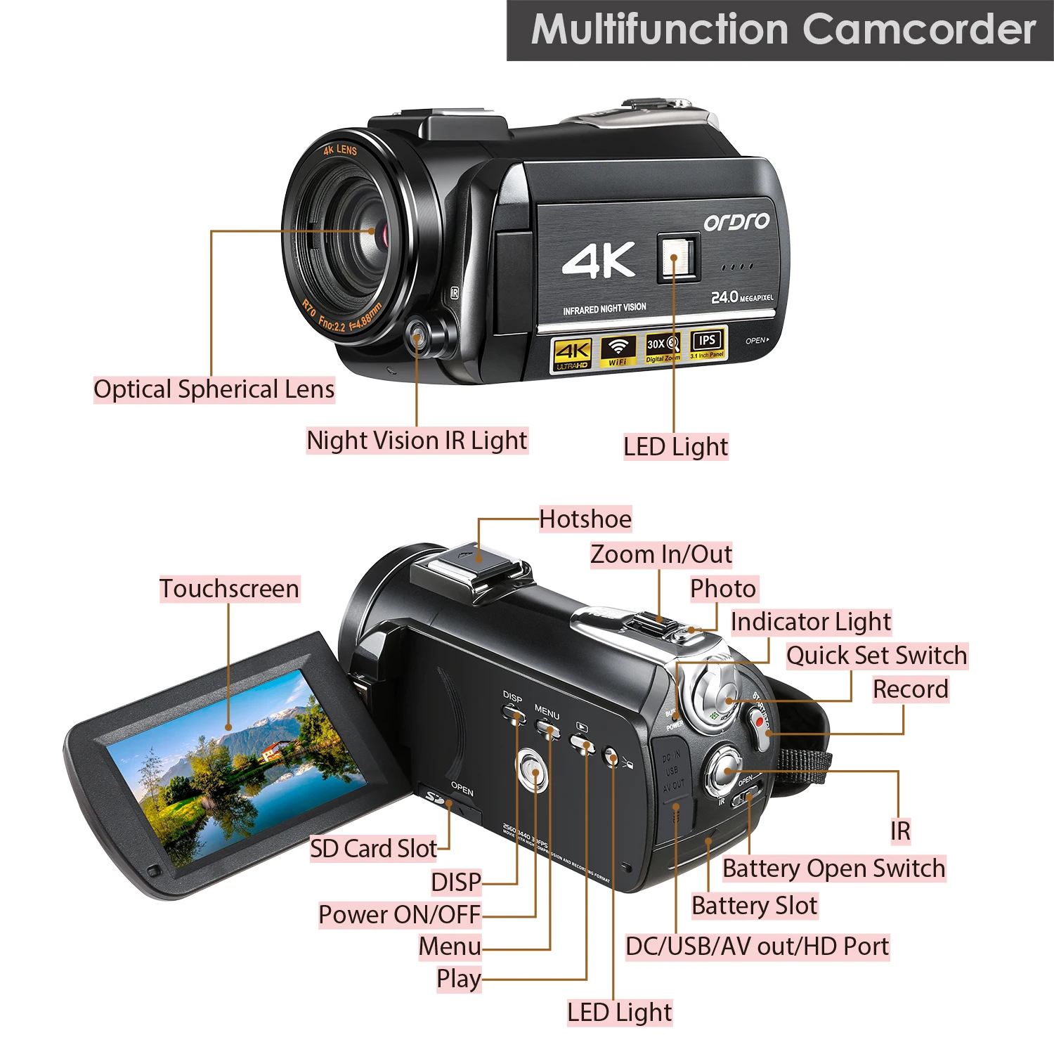 Ordro AC3 4K видеокамера WiFi видеокамера(1080P 60FPS, 30X цифровой зум, 3,1 дюймовый ips сенсорный экран, инфракрасное ночное видение)-черный